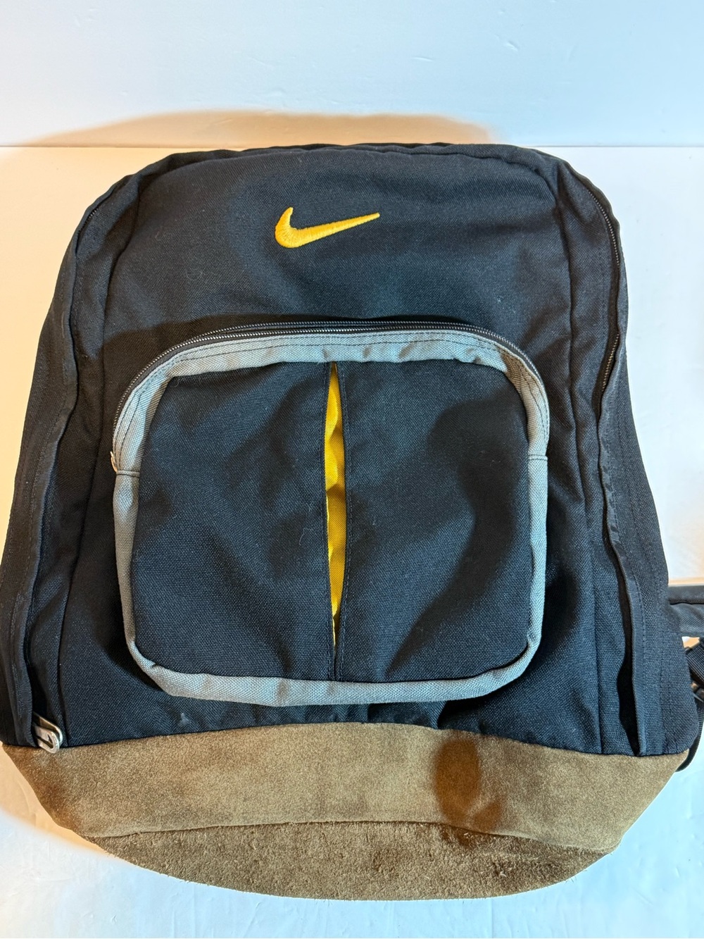 Vintage Nike Black and Yellow Accent Men's Backpack with Brown Suede Base